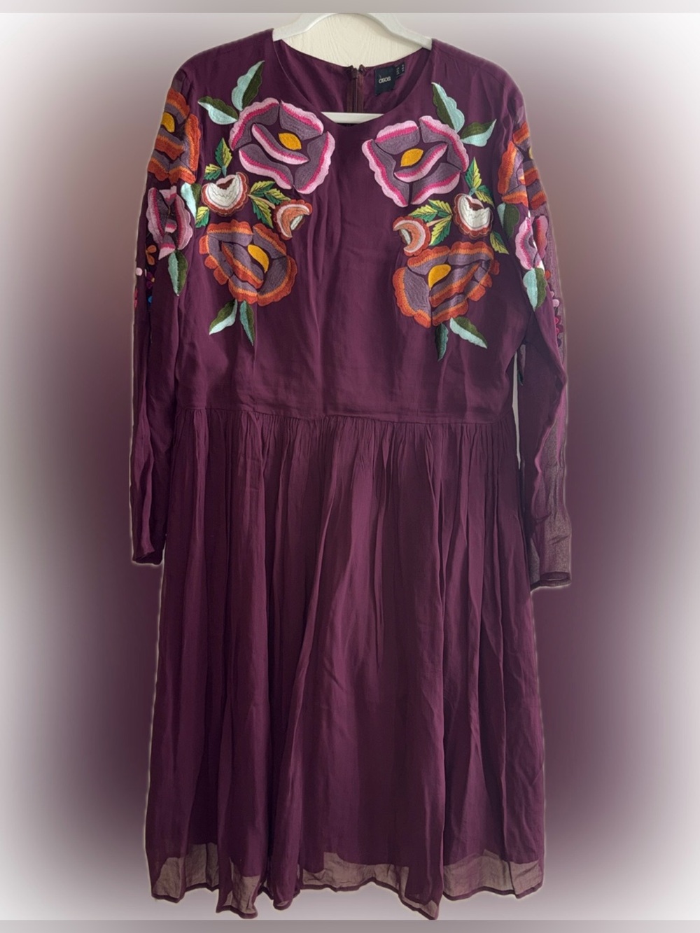 ASOS • Plum long-sleeve midi dress with Embroidery• US Size 14